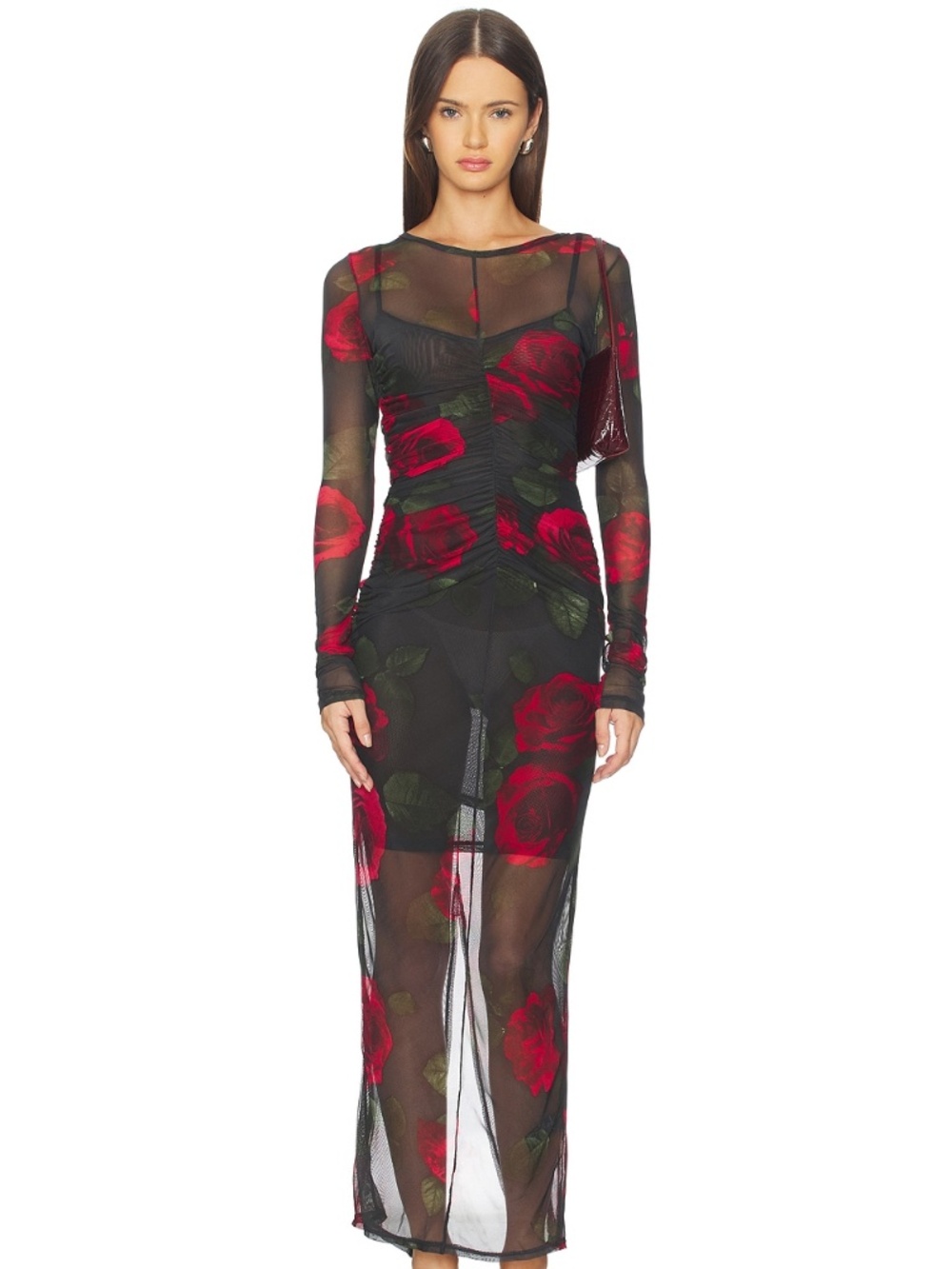 Good American Red Rose Mesh Ruched Maxi Dress XL